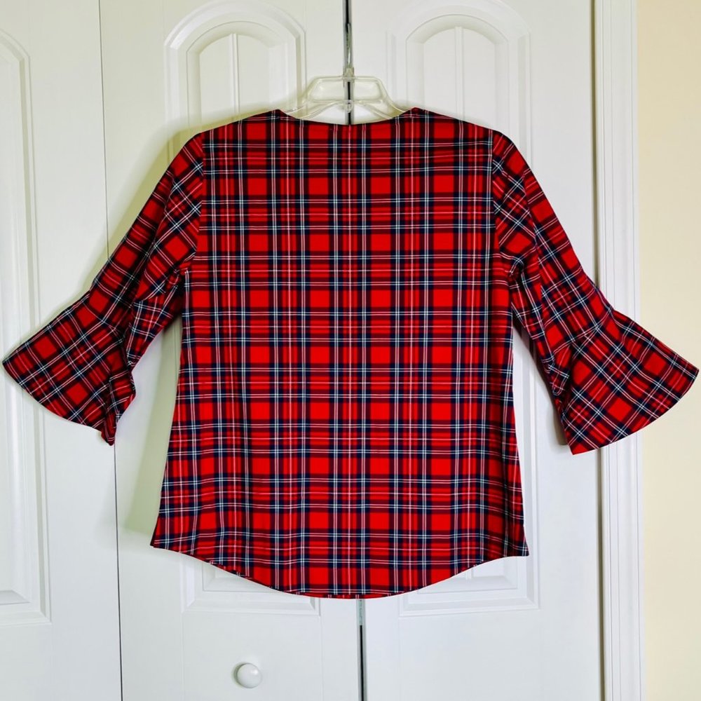 Draper James Red Plaid Button-Down Ruffle Front Top - Picture 4 of 7
